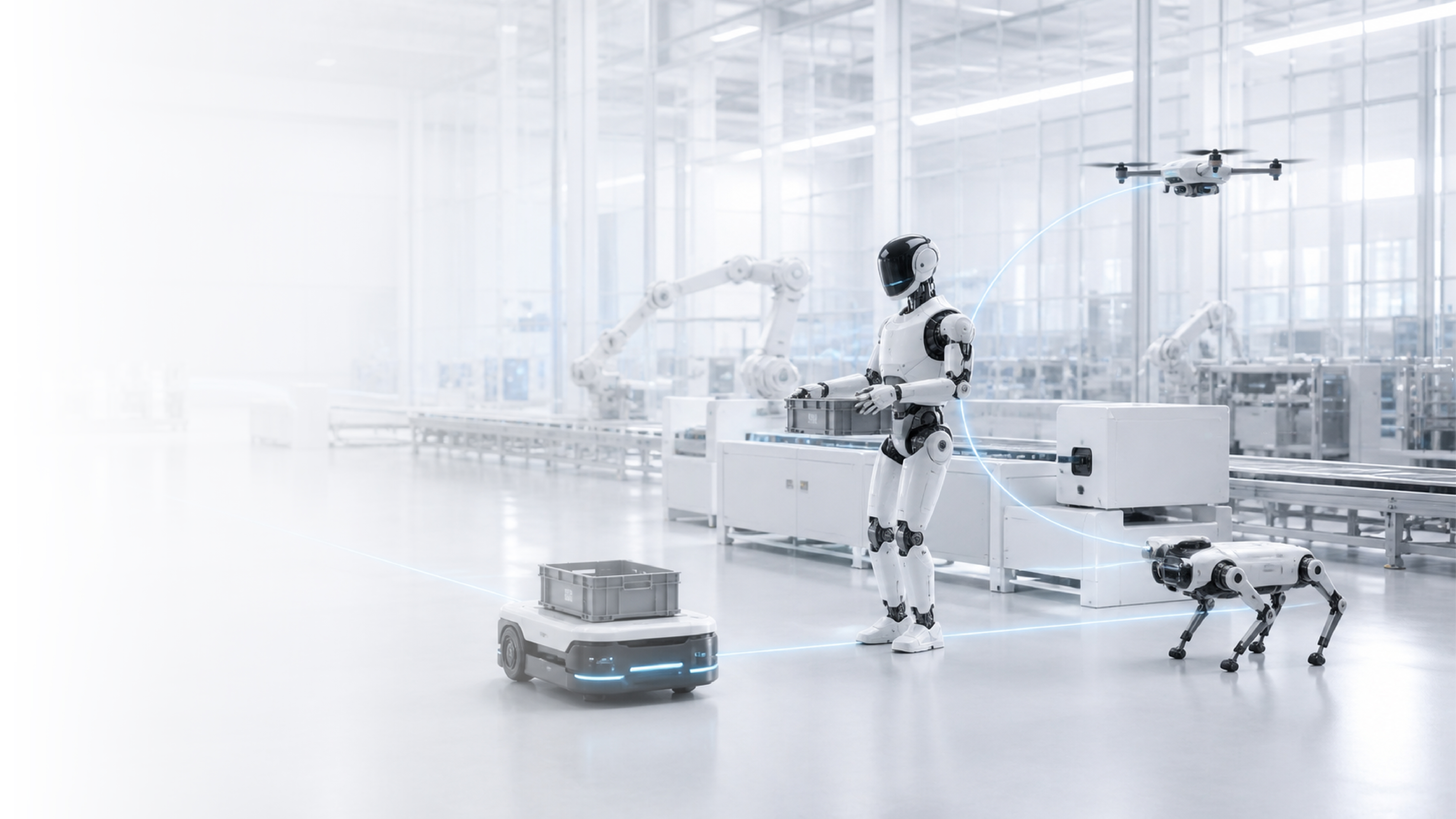 Humanoid, quadruped, and wheeled robots and drones collaborating in an industrial environment
